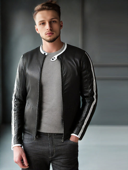 Veste de motard en cuir véritable à rayures contrastées pour homme