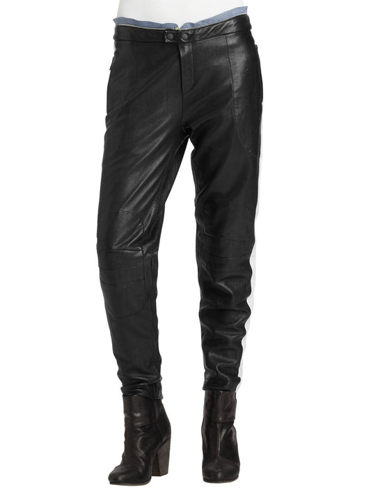 Pantalon en cuir zippé à bordure contrastée