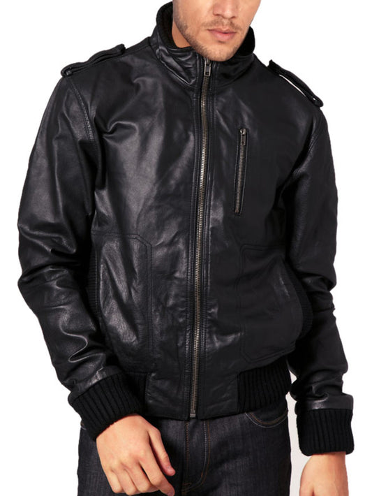 Cozy Funnel Neck Leather Bomber Jacket for Men - Leatherkin
