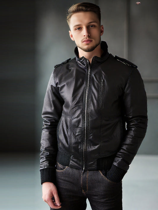 Blouson aviateur en cuir confortable à col cheminée pour homme