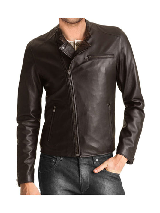 Crew Neck Vibrant Leather Jacket - Leatherkin