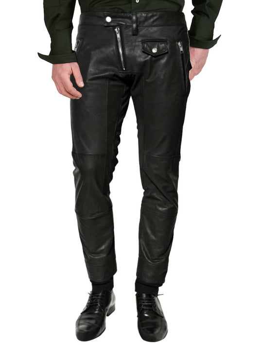 Pantalon en cuir véritable à fermeture éclair croisée pour homme