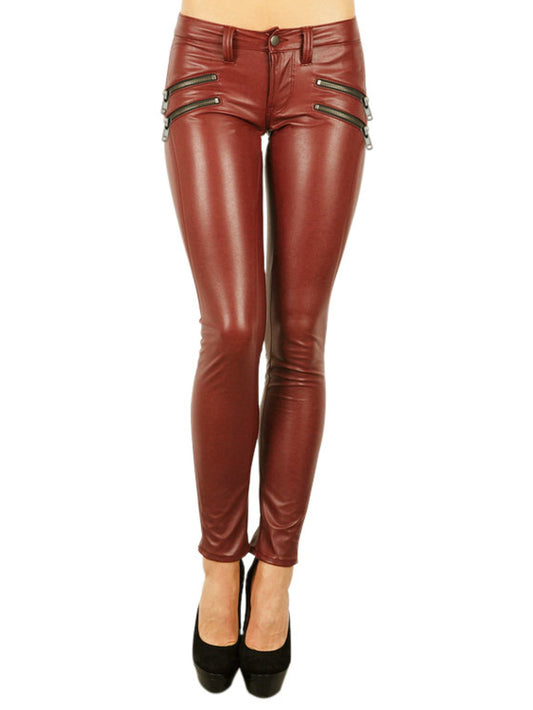 Pantalon crayon en cuir à fermeture éclair croisée
