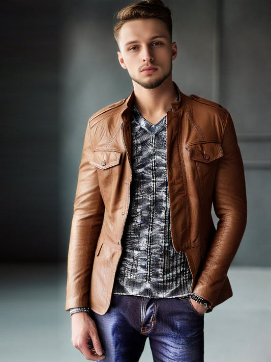 Veste en cuir classique à boutons à revers