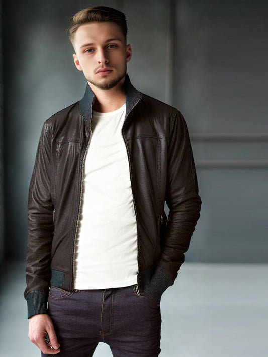 Veste de motard en cuir véritable à revers et détails côtelés pour homme