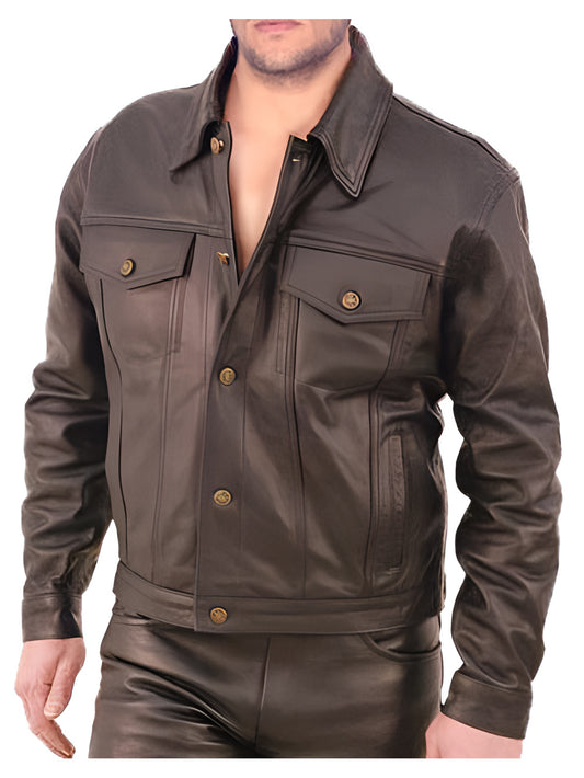 Denim Style Button-Cuffed Genuine Leather Shirt for Men - Leatherkin