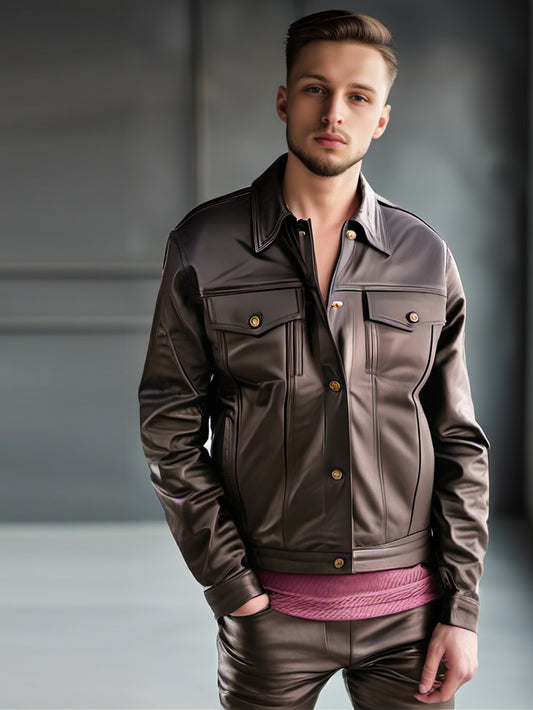 Chemise en cuir véritable à poignets boutonnés style denim pour homme