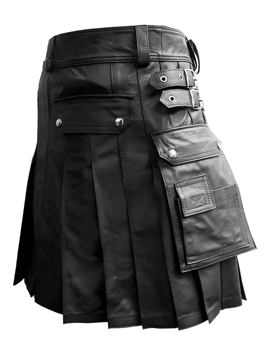 Double Box-Pleated Leather Kilt for Men - Leatherkin