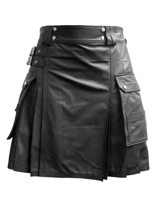 Double Box-Pleated Leather Kilt for Men