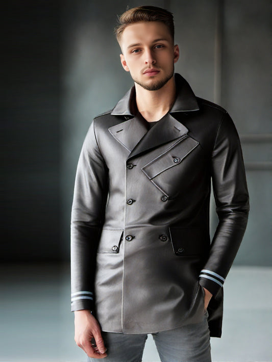 Manteau en cuir croisé à rayures pour homme