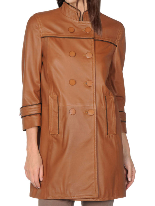 Double-Breasted Elegance Leather Coat for Women - Leatherkin