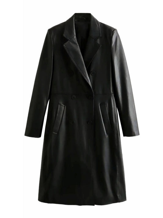 Double-Breasted Pea Leather Coat for Women - Leatherkin