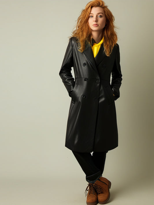 Manteau croisé en cuir pour femme