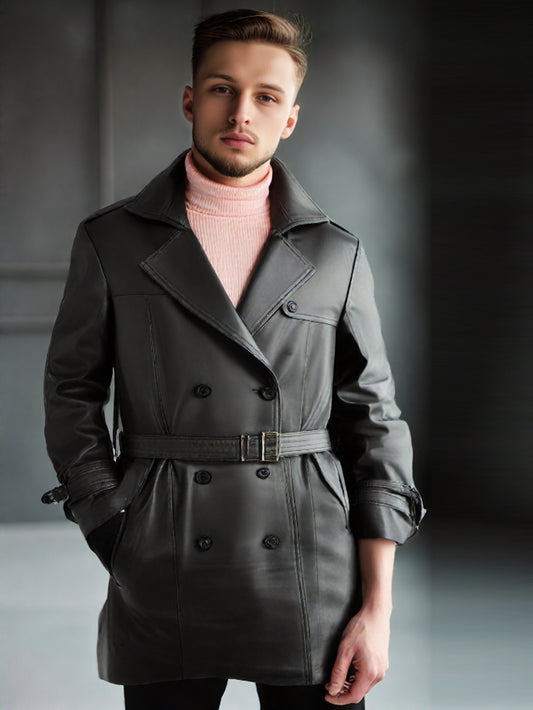 Trench-coat croisé en cuir pour homme