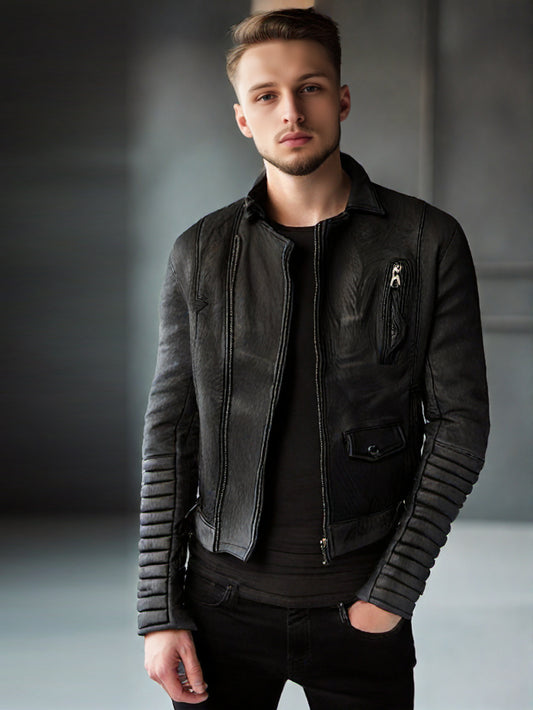 Veste de motard en cuir véritable double épaisseur pour homme