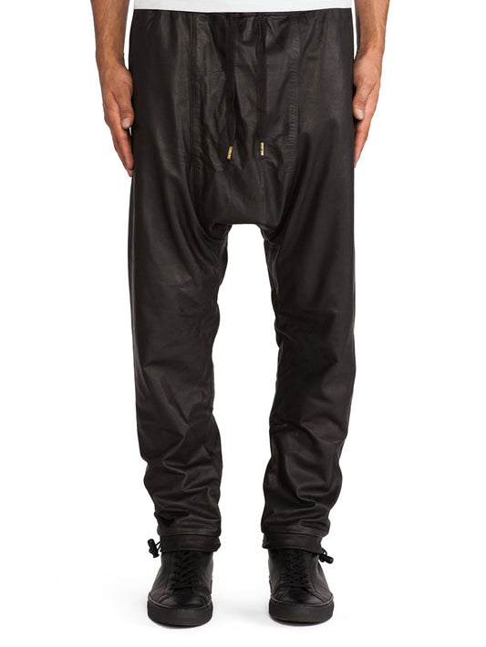 Pantalon en cuir véritable à entrejambe bas et ourlet à bascule pour homme