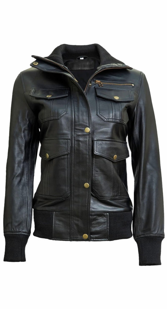 Elastic Ease Leather Bomber Jacket for Women - Leatherkin
