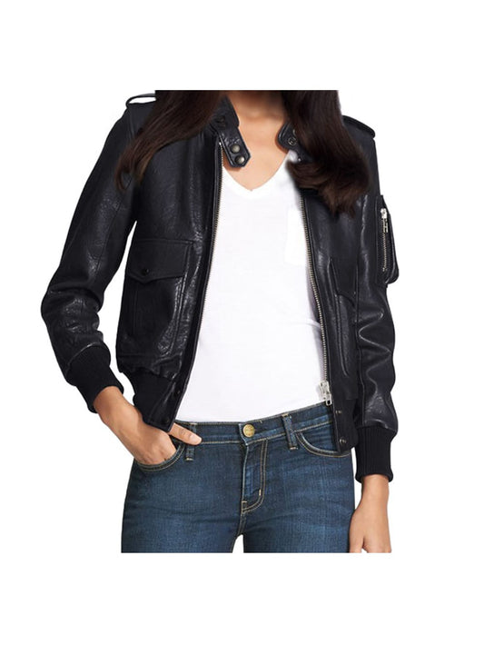Epaulet Charm Leather Bomber Jacket for Women - Leatherkin
