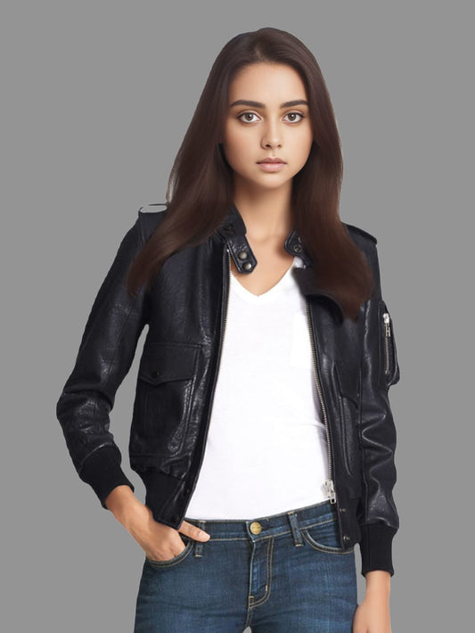Blouson aviateur en cuir à breloques épaulettes pour femme
