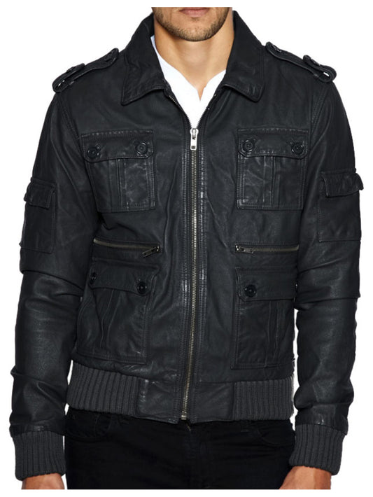 Epaulette Accented Leather Bomber for Men - Leatherkin