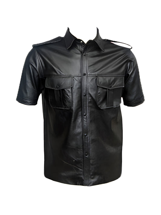 Epaulette Short Sleeve Genuine Leather Shirt for Men - Leatherkin