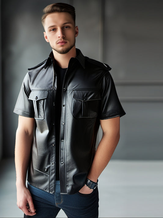 Epaulette Kurzarmhemd aus echtem Leder für Herren