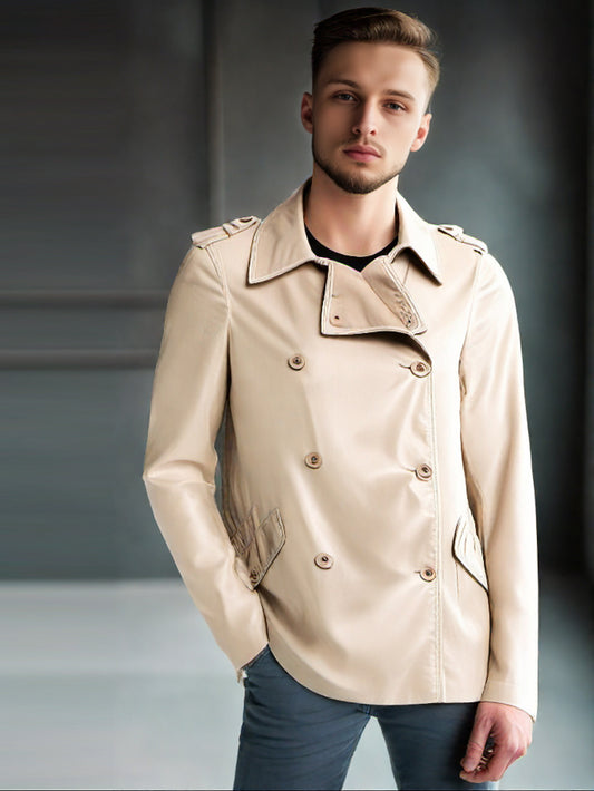Manteau croisé en cuir pour homme avec épaulettes