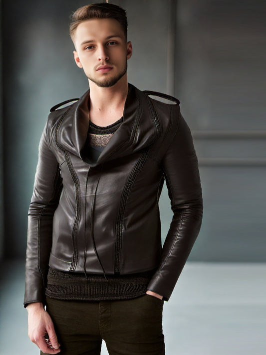 Veste en cuir rétro à col tombant