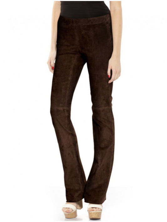 Pantalon évasé en cuir suédé à taille élastique