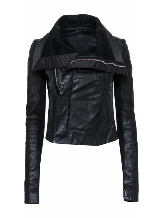 Foldover Cropped Leather Moto Jacket - Leatherkin