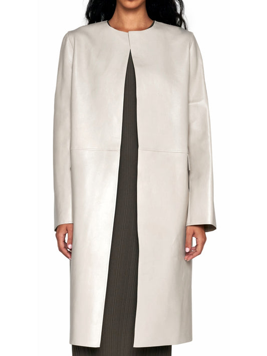 Formal Round-Neck Leather Coat for Women - Leatherkin