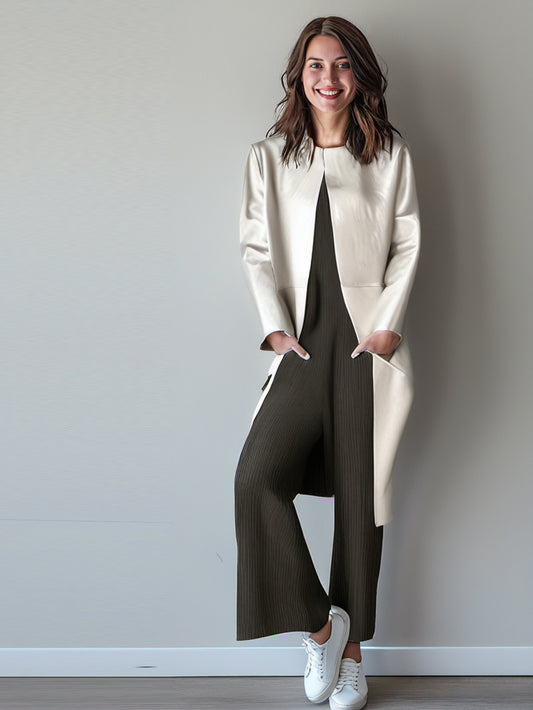 Manteau en cuir à col rond pour femme