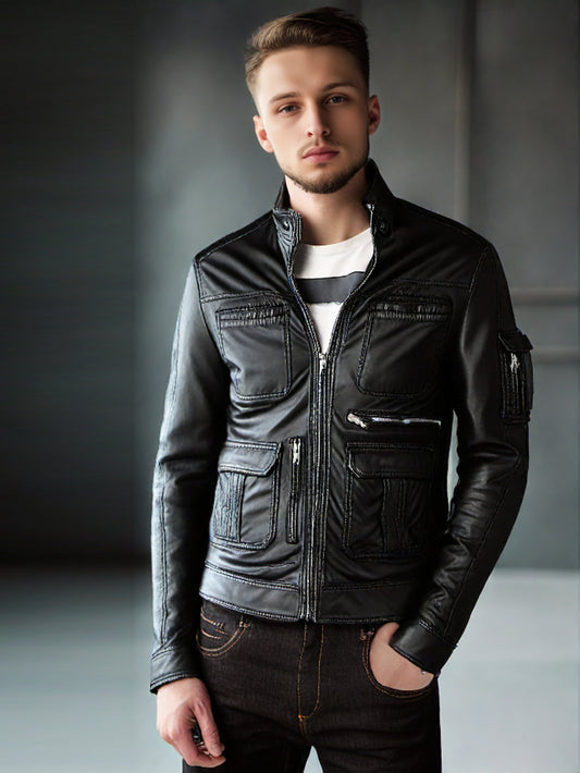 Bikerjacke aus echtem Leder mit vier Taschen für Herren