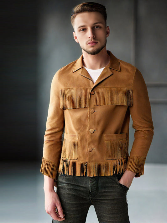 Veste en cuir suédé à volants