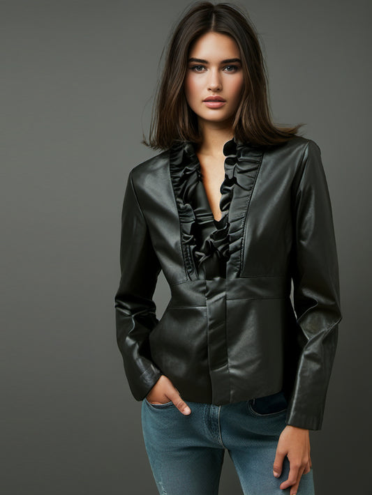 Veste en cuir à froufrous chic