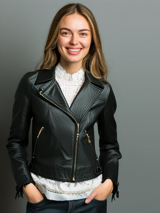 Veste de moto courte en cuir à franges
