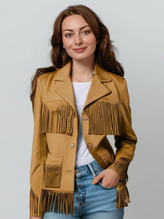Blazer en cuir suédé à franges pour femme