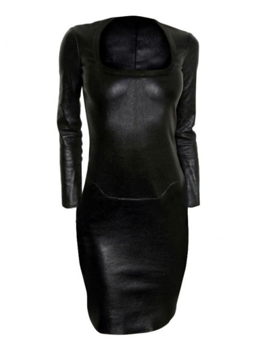 Robe moulante en cuir à manches longues