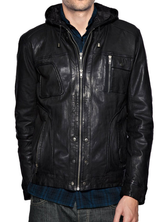 Funky Hooded Bomber Leather Jacket for Men - Leatherkin