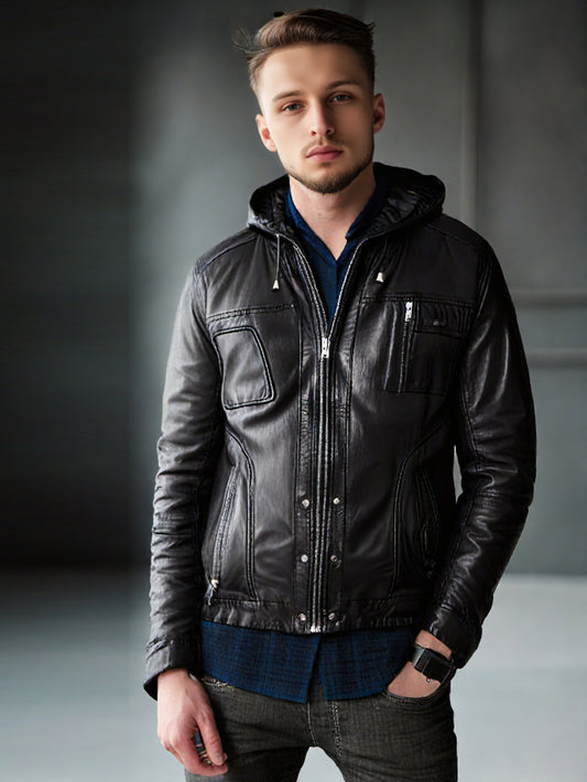 Blouson aviateur en cuir à capuche pour homme