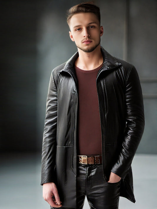 Manteau en cuir noir à col cheminée pour homme