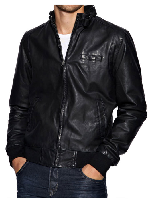Funnel Neck Style Leather Bomber Jacket for Men - Leatherkin
