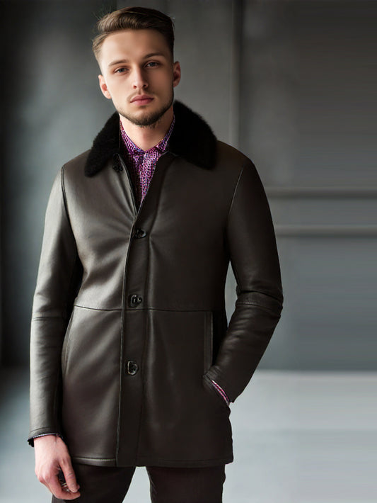 Manteau en cuir d'agneau avec col en fourrure pour homme