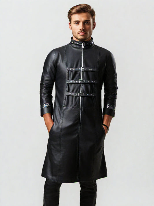 Gothic Leder Trenchcoat mit Schnallenriemen für Herren