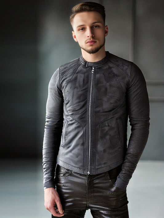 Graue Wildlederjacke mit Stehkragen