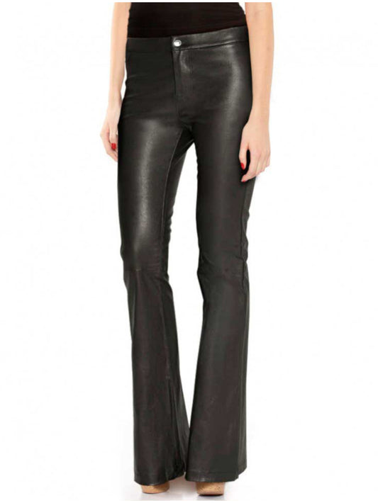 Pantalon évasé en cuir noir taille haute
