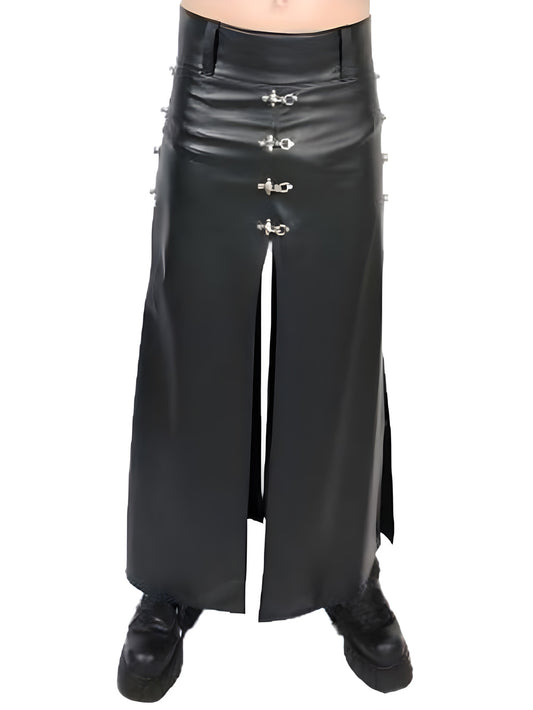 Hip-Hugging Long Leather Kilt for Men