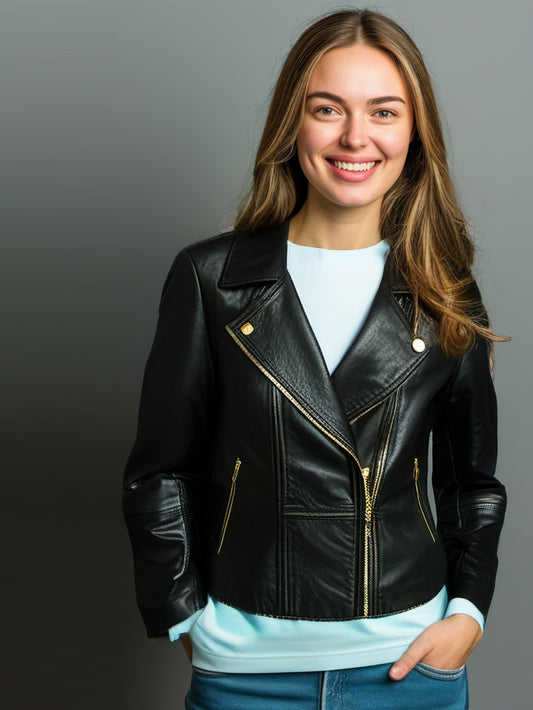 Veste de moto en cuir à devant de hanche
