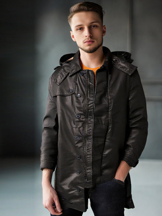 Manteau en cuir à capuche style cape pour homme