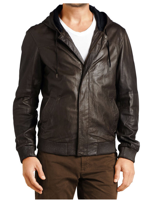 Hooded Leather Bomber Jacket for Men - Leatherkin